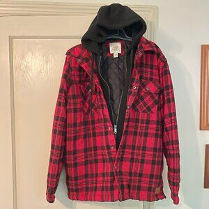 Black and Red Lined Plaid Coat with Hoodie